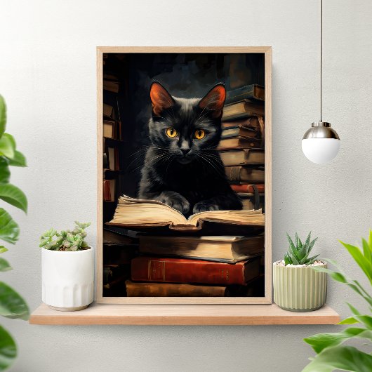 Cute Black Cat Reading a Book Poster ポスター