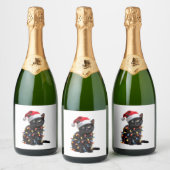 Cute Black Cat Santa Christmas Lights Meow Kitty K スパークリングワインラベル (ボトル)