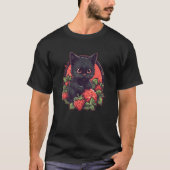 Cute black cat sitting on a patch of strawberries  tシャツ (正面)