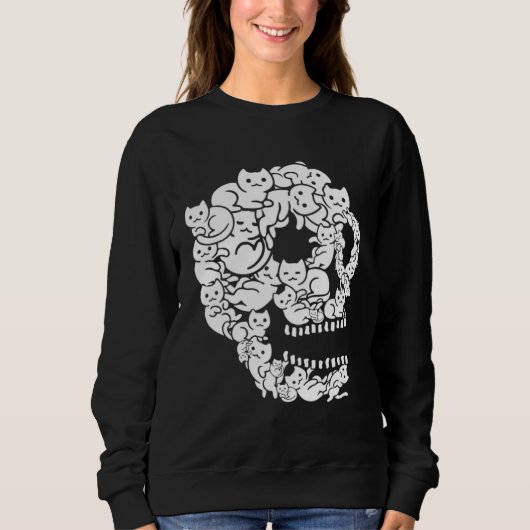 Cute Black Cat Skull Kitty Skeleton Scary Hallowee スウェットシャツ (正面)