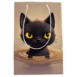 Cute Black Cat Swimming Celebration Art ミディアムペーパーバッグ