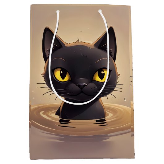 Cute Black Cat Swimming Celebration Art ミディアムペーパーバッグ (正面)