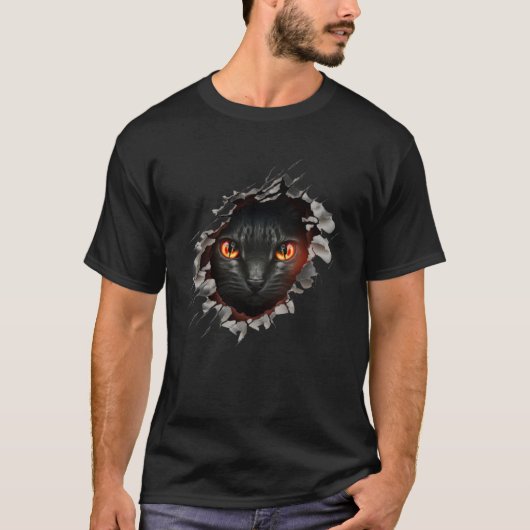Cute Black Cat Torn Hole Tシャツ (正面)