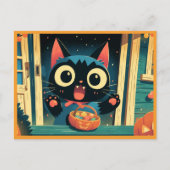 Cute Black Cat Trick or Treat Halloween シーズンポストカード (正面)