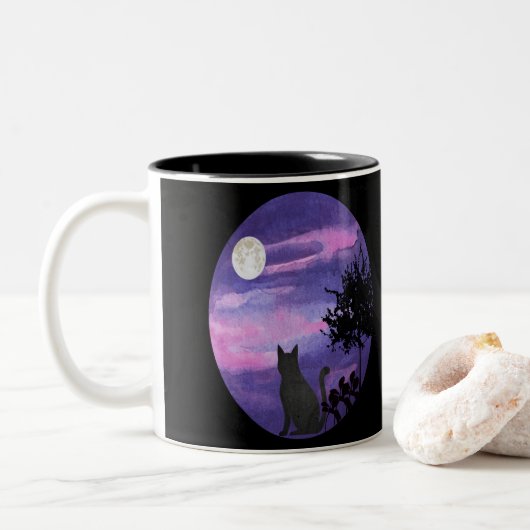  Cute Black Cat Under Moon  – cat lovers mug ツートーンマグカップ (ドーナツ)