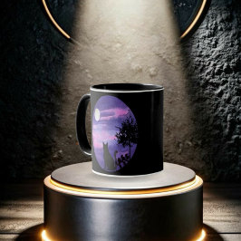  Cute Black Cat Under Moon  – cat lovers mug ツートーンマグカップ