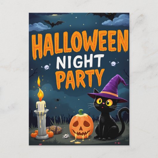Cute Black Cat Witch Halloween Night Party ポストカード (正面)