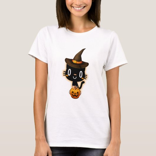 Cute Black Cat Witch Halloween Tシャツ (正面)