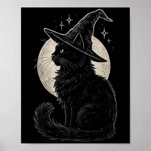 Cute Black Cat Witch Hat Moon Retro Coquette Boho  ポスター (正面)