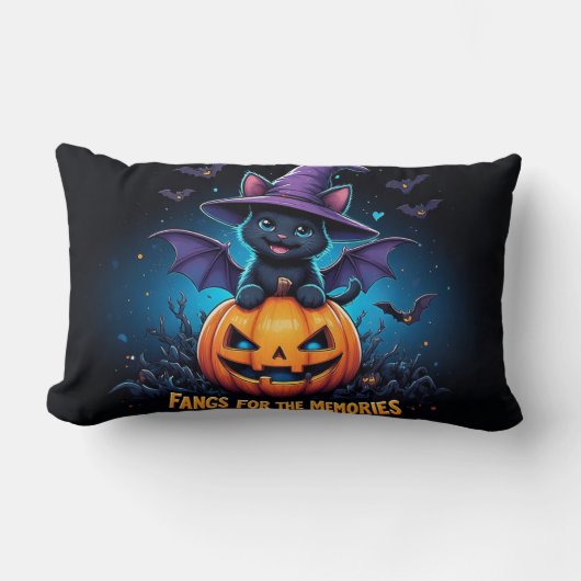 Cute Black Cat Witch Sitting on Jack O Lantern ランバークッション (正面)