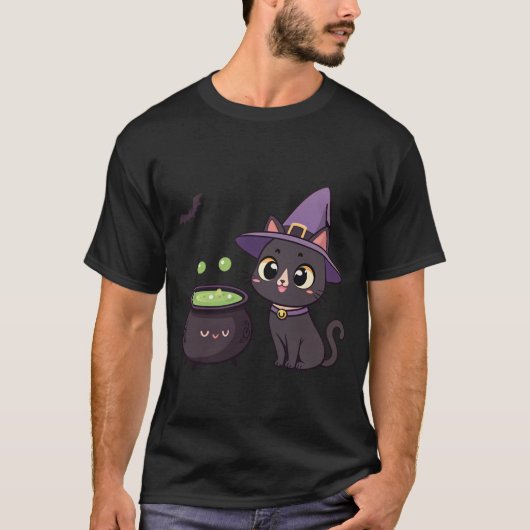 Cute Black Cat Witch with Magic Potion Illustratio Tシャツ (正面)