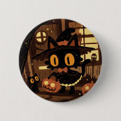 Cute Black Cat Witch with Pumpkin Bucket 缶バッジ (正面)