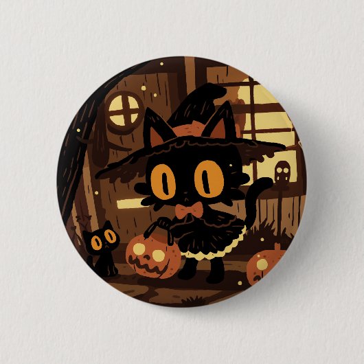 Cute Black Cat Witch with Pumpkin Bucket 缶バッジ (正面)