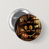 Cute Black Cat Witch with Pumpkin Bucket 缶バッジ (正面&裏面)