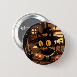 Cute Black Cat Witch with Pumpkin Bucket 缶バッジ