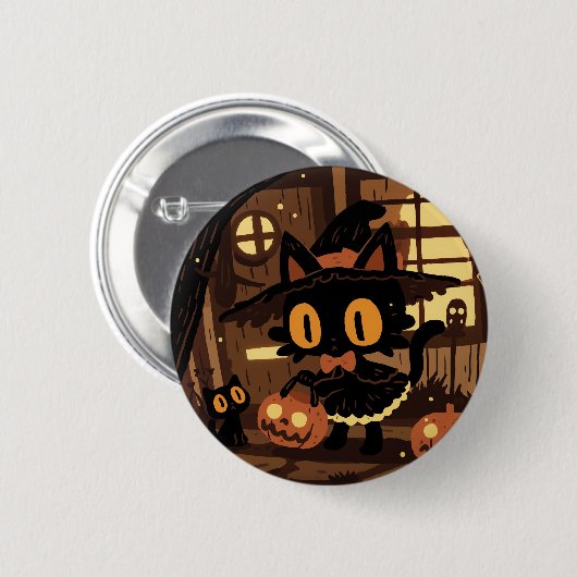 Cute Black Cat Witch with Pumpkin Bucket 缶バッジ (正面&裏面)