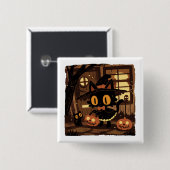 Cute Black Cat Witch with Pumpkin Bucket 缶バッジ (正面&裏面)