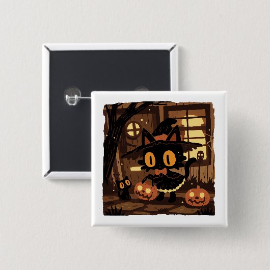 Cute Black Cat Witch with Pumpkin Bucket 缶バッジ (正面&裏面)