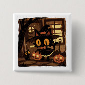 Cute Black Cat Witch with Pumpkin Bucket 缶バッジ (正面)