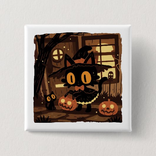 Cute Black Cat Witch with Pumpkin Bucket 缶バッジ (正面)