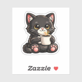 Cute Black Cat with Coffee シール