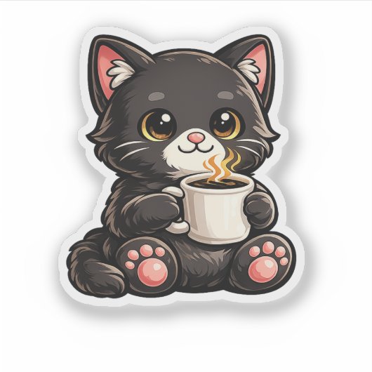 Cute Black Cat with Coffee シール (正面)