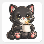Cute Black Cat with Coffee スクエアシール (正面)