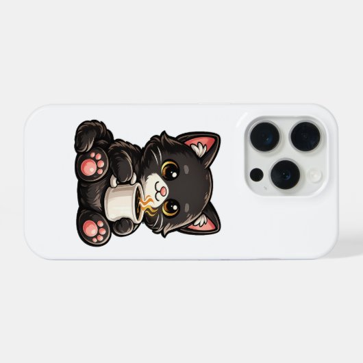 Cute Black Cat with Coffee iPhoneケース (裏面横)