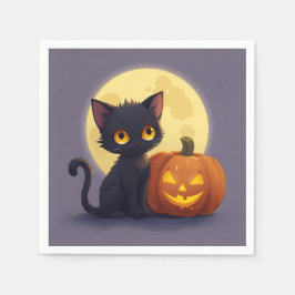 Cute Black Cat with Glowing Carved Pumpkin  スタンダードカクテルナプキン