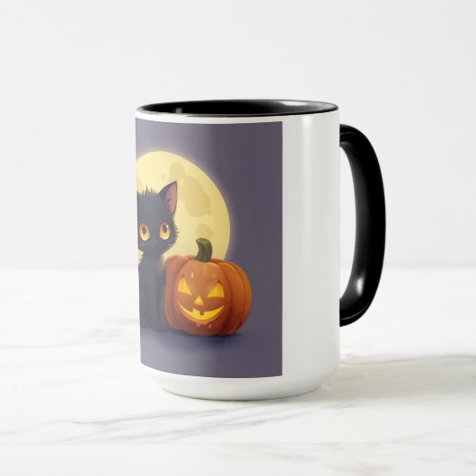 Cute Black Cat with Glowing Carved Pumpkin マグカップ (正面右)
