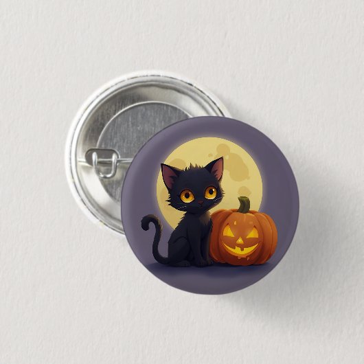 Cute Black Cat with Glowing Carved Pumpkin 缶バッジ (正面&裏面)