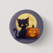Cute Black Cat with Glowing Carved Pumpkin 缶バッジ (正面)