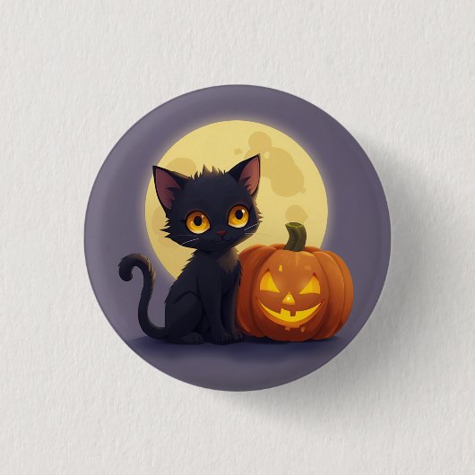 Cute Black Cat with Glowing Carved Pumpkin 缶バッジ (正面)