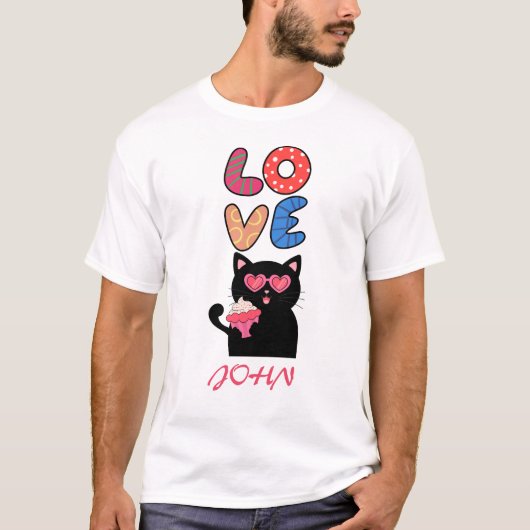 Cute Black Cat with Heart Sunglasses & Cupcake Tシャツ (正面)