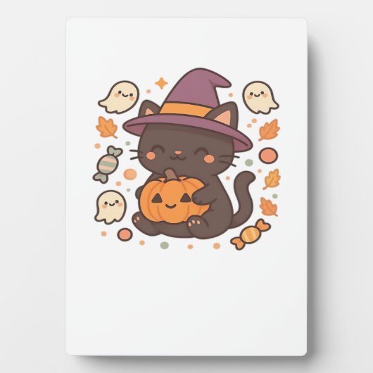 Cute Black Cat with Witch Hat – Kawaii Halloween A フォトプラーク (正面)