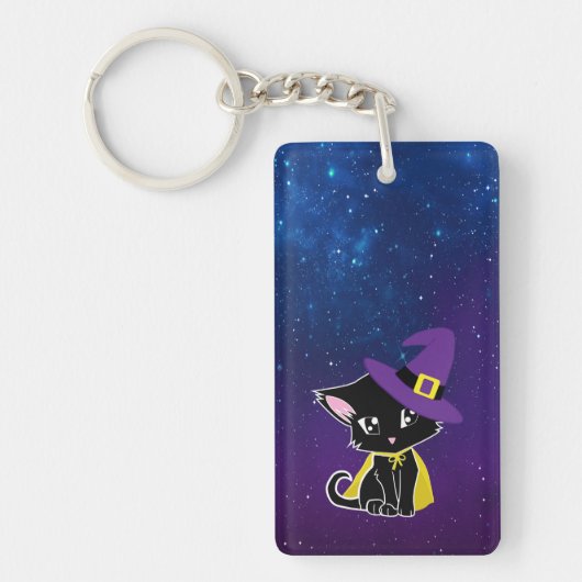 Cute Black Cat Wizard Under the Stars Keychain キーホルダー (正面)