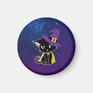 Cute Black Cat Wizard Under the Stars Keychain マグネット