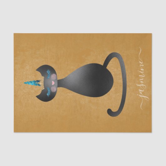 Cute Black Caticorn金ゴールドMonogramスクリプト名 薄葉紙 (正面)