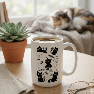 Cute Black Cats Doodles Pattern Kawaii Meow コーヒーマグカップ
