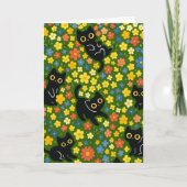 Cute Black Cats Floral Meadow Pattern カード (正面)