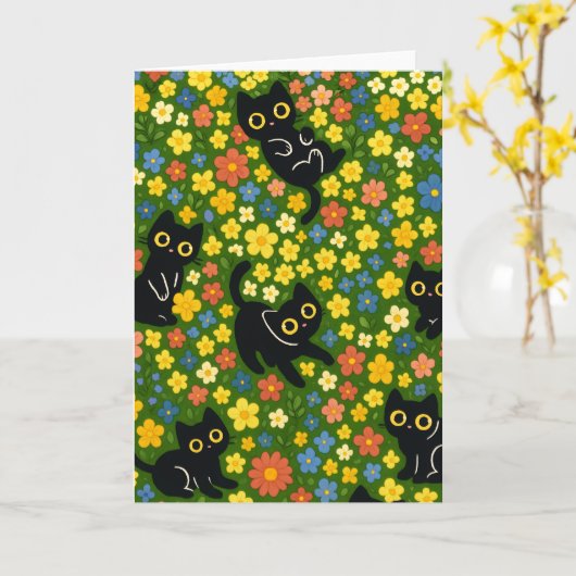 Cute Black Cats Floral Meadow Pattern カード (黄色い花)