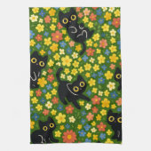 Cute Black Cats Floral Meadow Pattern キッチンタオル (縦)
