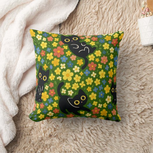 Cute Black Cats Floral Meadow Pattern クッション (ブランケット)