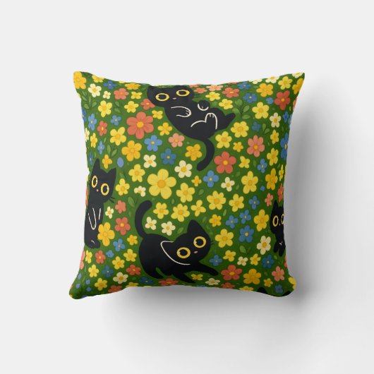 Cute Black Cats Floral Meadow Pattern クッション (裏面)