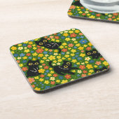 Cute Black Cats Floral Meadow Pattern コースター (左側)