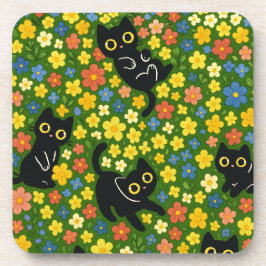 Cute Black Cats Floral Meadow Pattern コースター