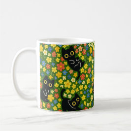 Cute Black Cats Floral Meadow Pattern コーヒーマグカップ