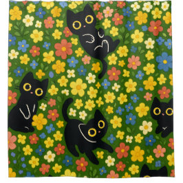 Cute Black Cats Floral Meadow Pattern シャワーカーテン