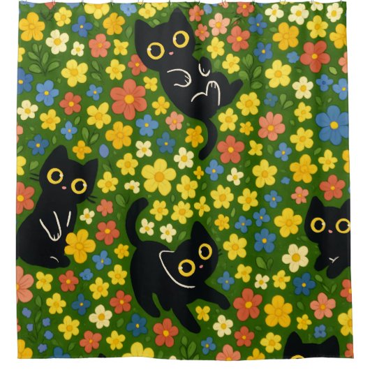 Cute Black Cats Floral Meadow Pattern シャワーカーテン (正面)