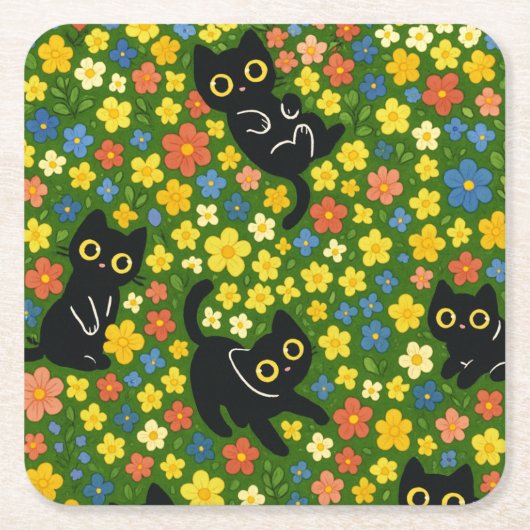 Cute Black Cats Floral Meadow Pattern スクエアペーパーコースター (正面)